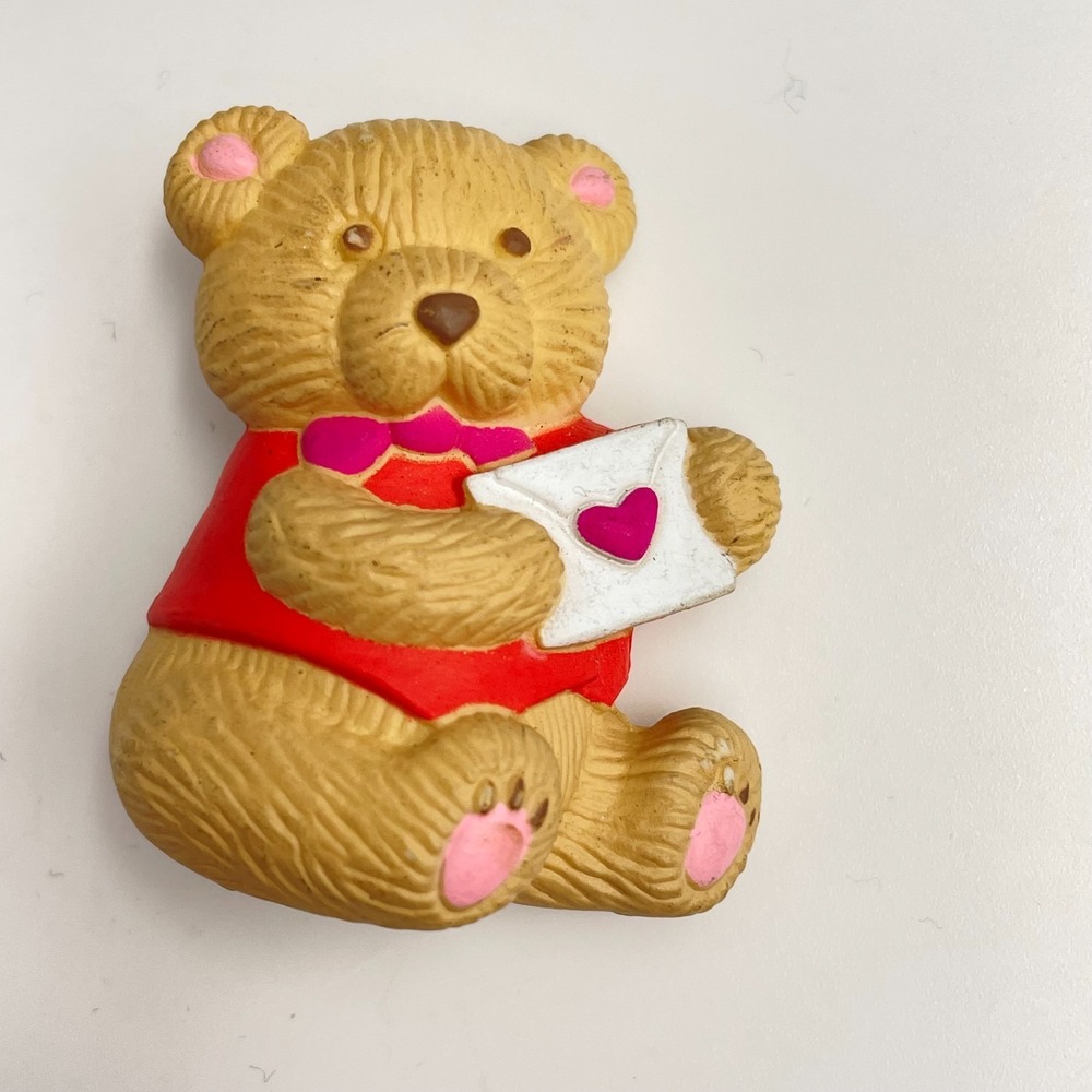 Vintage 90s GGI Valentine Teddy Bear Brooch Pin Red Shirt Love Letter Pink Heart